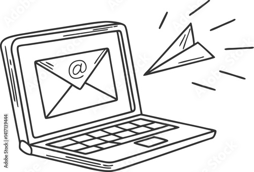 Minimal Line Art Laptop with Email Icon Digital Communication Concept