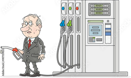 Worried businessman with a fuel nozzle at a gas station, vector cartoon illustration isolated on a white background