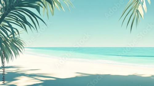 Tropical beach scene  palm leaves frame