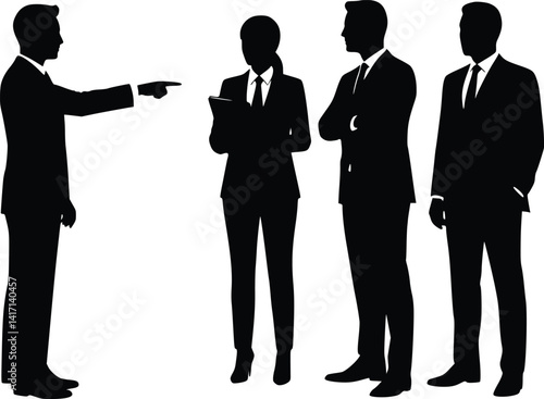 Silhouette of four business professionals in discussion, featuring a clipboard and expressive gestures