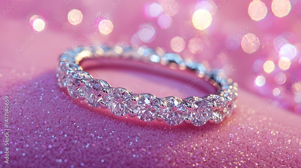 Elegant Silver Ring with Sparkling Diamonds on Pink Glitter Background Elegant Silver Ring with Sparkling Diamonds on Pink Glitter Background