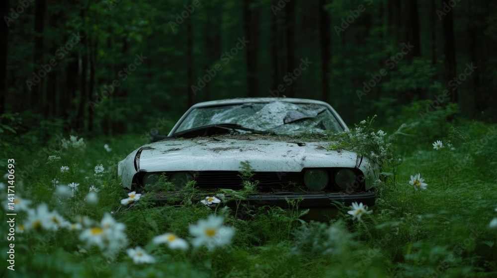 Abandoned car surrounded by wildflowers in a dense forest Abandoned car surrounded by wildflowers in a dense forest