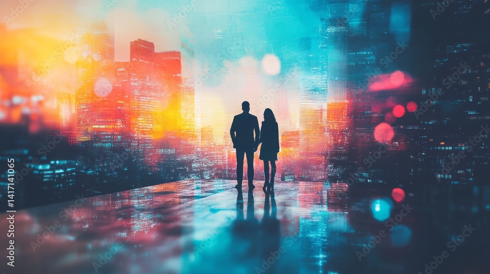 Couple holds hands looking at vibrant city skyline together Couple holds hands looking at vibrant city skyline together