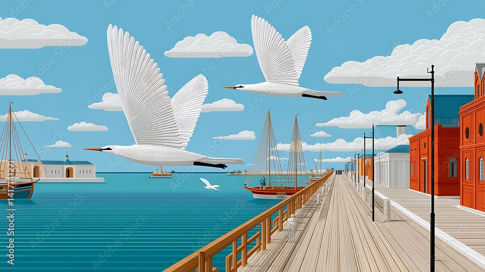 Naklejka premium A Tranquil Renaissance Port Scene with White Seagulls Soaring Over Calm Waters