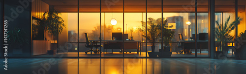 Sunrise Office View: A spacious modern office space, with floor-to-ceiling windows, boasts a breathtaking panoramic view of a city skyline bathed in the warm glow of sunrise.