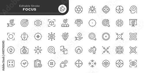 Focus line icon set. Focusing, aiming, concentration of attention, focusing the gaze, accommodation and more. Outline vector icon. Pictogram collection