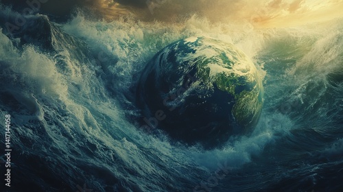 Fototapeta Naklejka Na Ścianę i Meble -  A dramatic view of earth engulfed by massive waves under a stormy and ominous sky with bright light