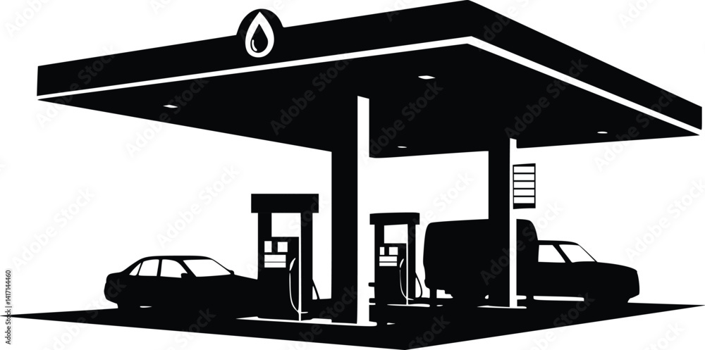Silhouette of a gas station with two fuel pumps, a van, and a car under a canopy, emphasizing transportation and refueling Silhouette of a gas station with two fuel pumps, a van, and a car under a canopy, emphasizing transportation and refueling