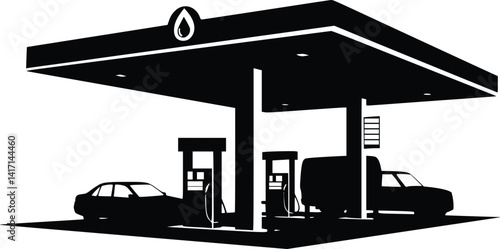 Silhouette of a gas station with two fuel pumps, a van, and a car under a canopy, emphasizing transportation and refueling