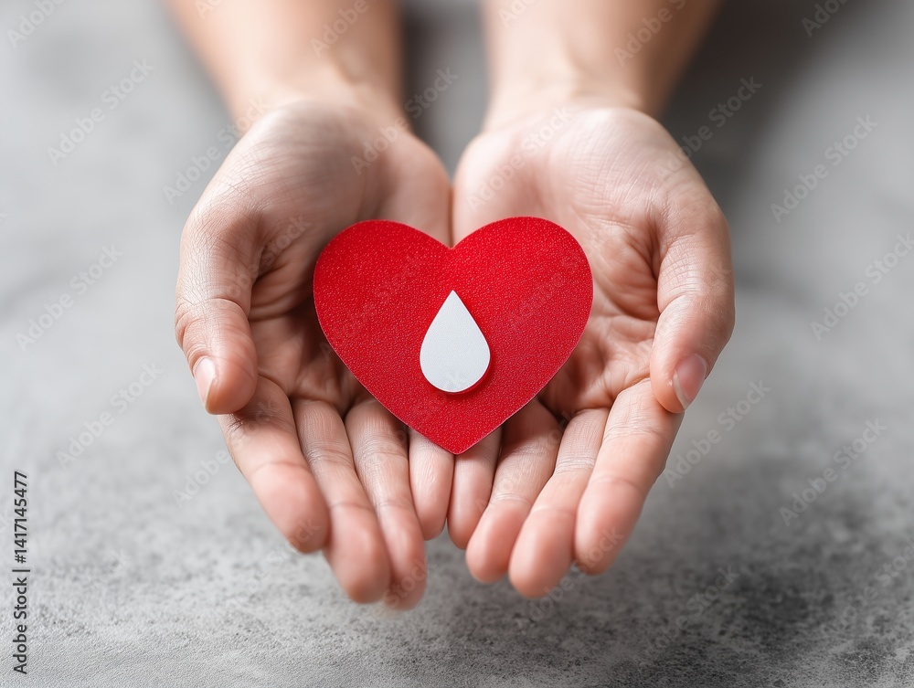 Two hands holding a red heart with a cross and a drop of liquid on it, the chest area showing the health concept, a simple background, no blur effect, a white color scheme, flat design, high-resoluti Two hands holding a red heart with a cross and a drop of liquid on it, the chest area showing the health concept, a simple background, no blur effect, a white color scheme, flat design, high-resoluti