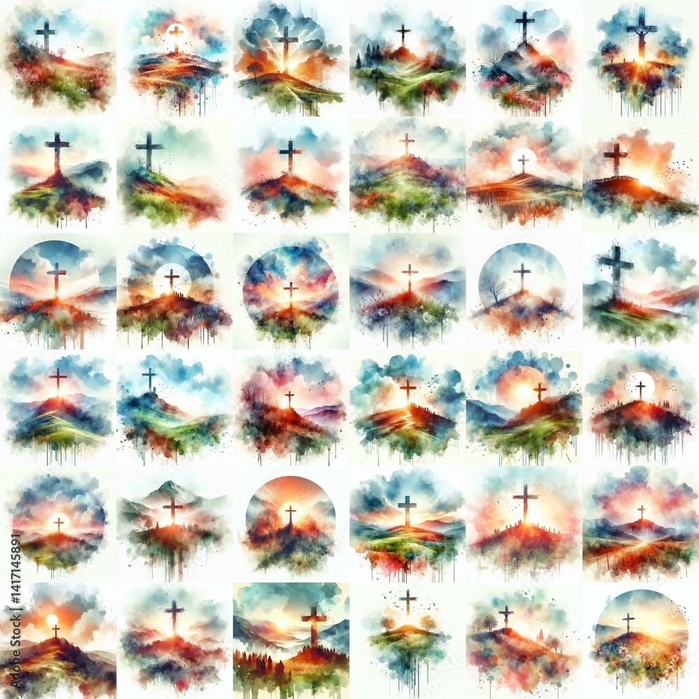 Watercolor paint Cross on a Hill – Christian Hope and Resurrection Concept. AI generated illustration