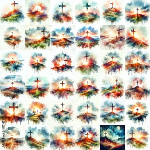 Watercolor paint Cross on a Hill – Christian Hope and Resurrection Concept. AI generated illustration