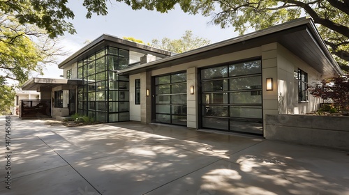 Modern House with Garage Under Trees