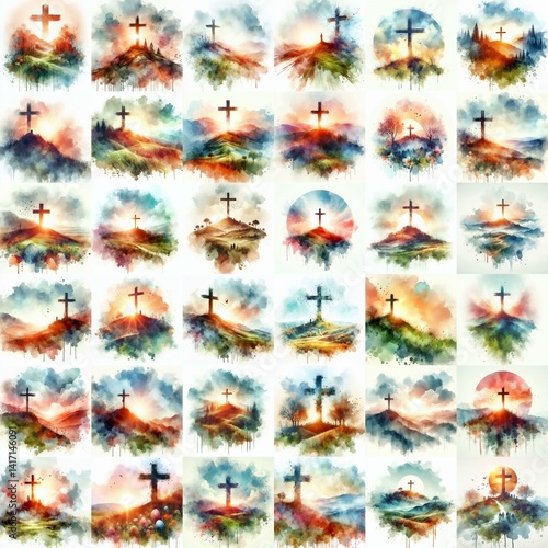 Watercolor paint Cross on a Hill – Christian Hope and Resurrection Concept. AI generated illustration