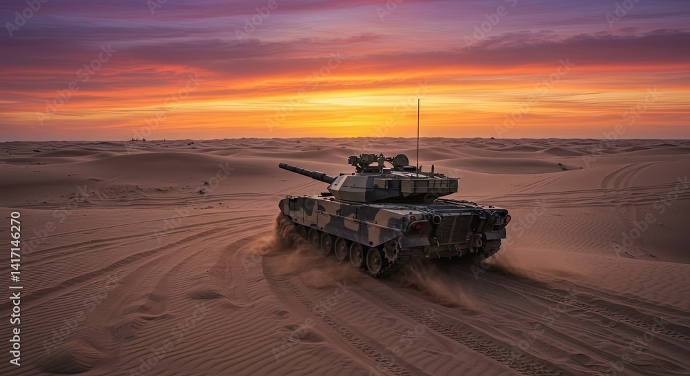 Desert Tank at Sunset: A Military Vehicle's Journey Across Sandy Dunes Desert Tank at Sunset: A Military Vehicle's Journey Across Sandy Dunes