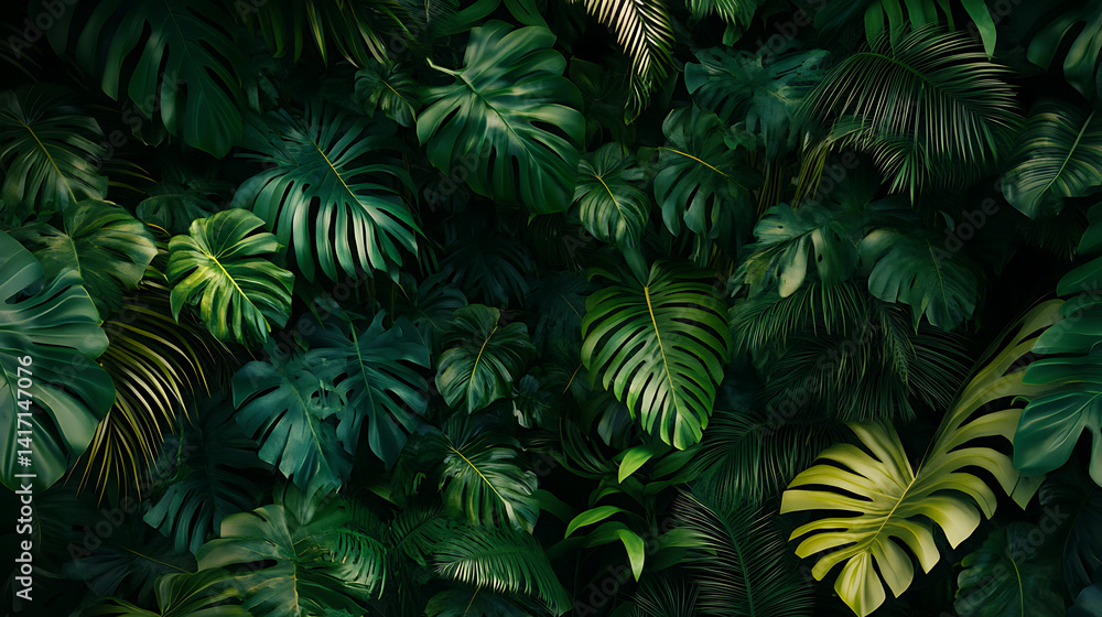 Lush Tropical Rainforest Foliage Background Dark Green Monstera and Palm Leaves Lush Tropical Rainforest Foliage Background Dark Green Monstera and Palm Leaves