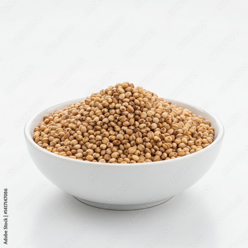A white bowl filled with a pile of sorghum seeds on a white background in a studio setting view A white bowl filled with a pile of sorghum seeds on a white background in a studio setting view
