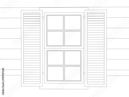 A window with a white frame and a white pane. The window is drawn in black and white