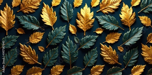 Golden leaf pattern, intricate details, seamless background , macro, luxury