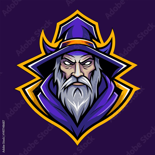 Powerful Wizard Character Illustration. Fantasy Game Logo Design