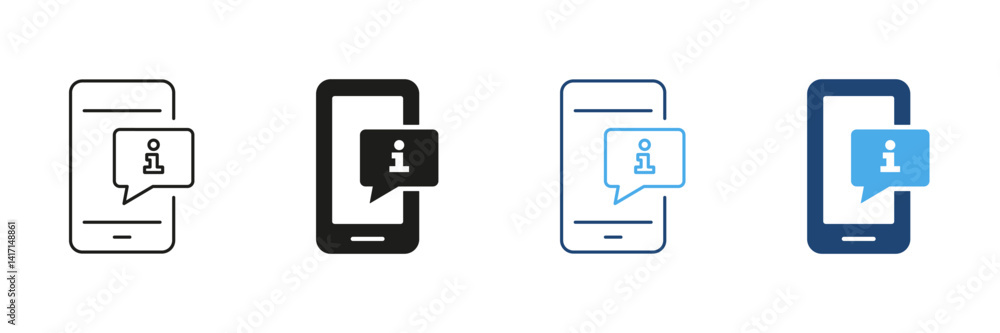 Smartphone With Information Bubble Icon Set. Mobile Notification, Alert, And Info Message Outline And Silhouette Symbol Collection. Digital Communication And Support. Isolated Vector Illustration Smartphone With Information Bubble Icon Set. Mobile Notification, Alert, And Info Message Outline And Silhouette Symbol Collection. Digital Communication And Support. Isolated Vector Illustration