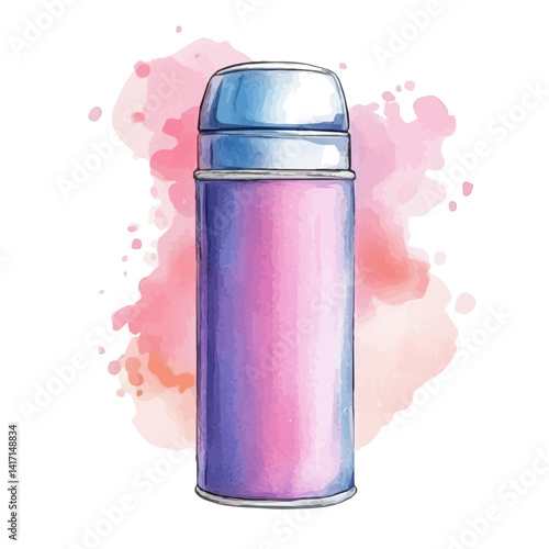 Travel Thermos Bottle, vector watercolor illustration, isolated on a white background.