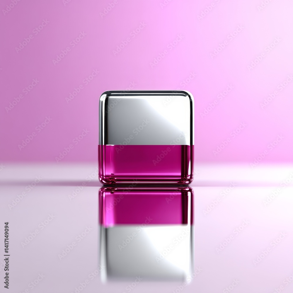A Chromatic Reflection: A Silver-Topped Cube Reflecting on a Pink Surface, Showing Symmetry and Minimalist Beauty