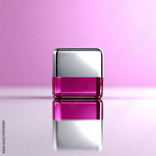 Obraz na płótnie A Chromatic Reflection: A Silver-Topped Cube Reflecting on a Pink Surface, Showing Symmetry and Minimalist Beauty w salonie