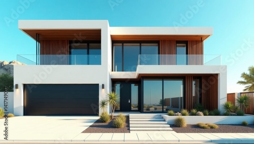 Spacious modern house with a large front yard surrounded by beautiful nature in a vibrant cinematic landscape