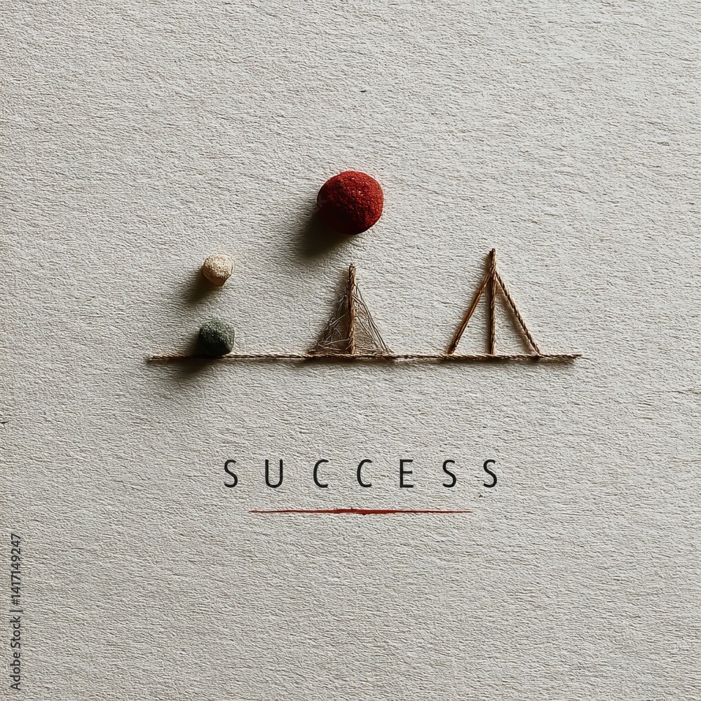 Achieving Success: A Textured Journey with Rope Bridge and Varied Stones Above the Goal Line on a Neutral Backdrop