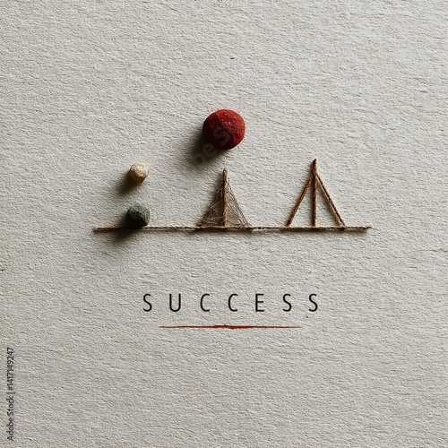 Achieving Success: A Textured Journey with Rope Bridge and Varied Stones Above the Goal Line on a Neutral Backdrop