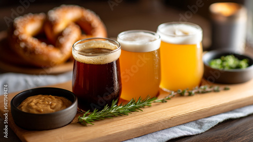 Beer flight tasting with pretzel and mustard delicious craft beer sampler on wooden board