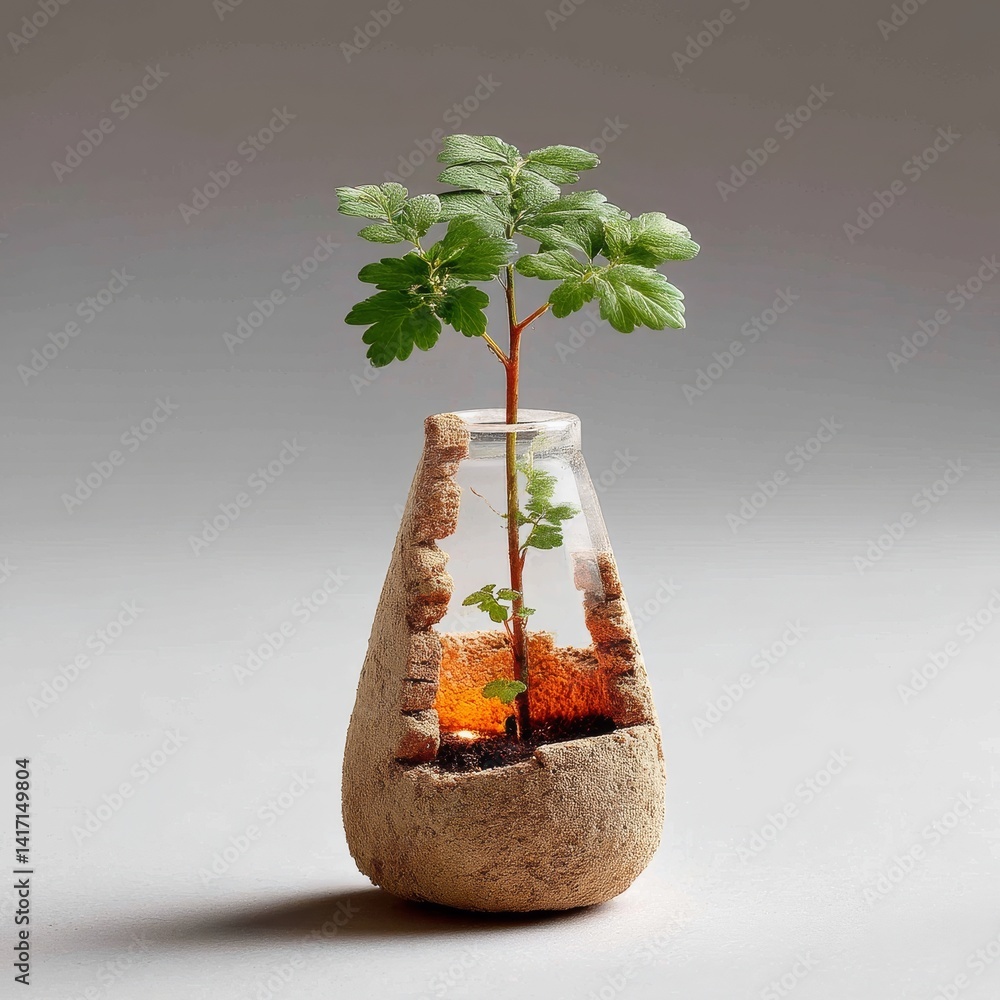 A Young Plant Sprouts in a Unique Terrarium Made of Sand, Water, and Light, Revealing Natural Beauty