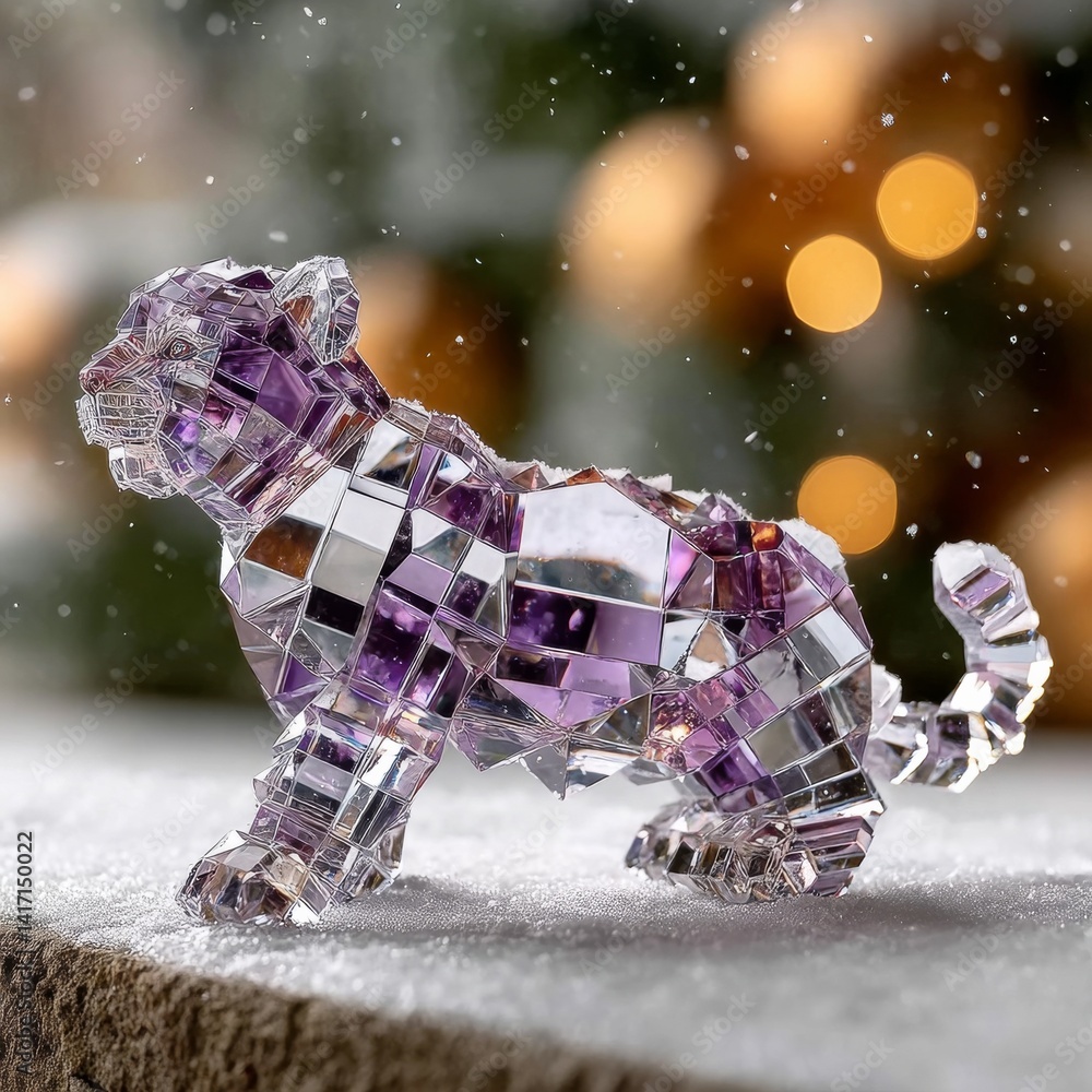 Crystal Tiger Figurine in Winter Scene: A Sparkling Symbol of Strength and Festivity, illuminated by soft bokeh lights.