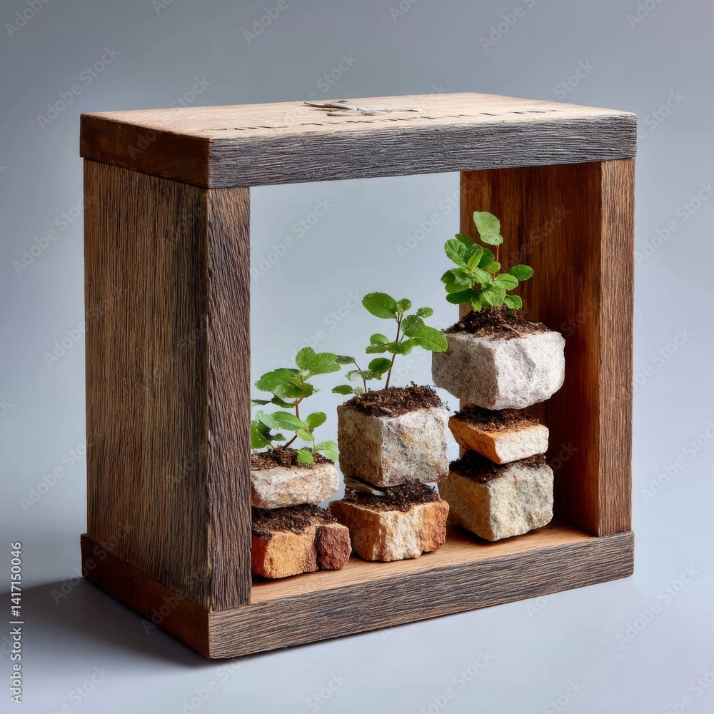 Cultivating Greenery: A Minimalist Terrarium with Stone Planters in a Rustic Wooden Frame, showcasing Nature's delicate balance.