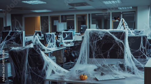 Fototapeta Naklejka Na Ścianę i Meble -  Spooky Office Halloween: A deserted office space is eerily decorated for Halloween, with cobwebs draped over computer monitors and desks, creating a spooky yet playful atmosphere.