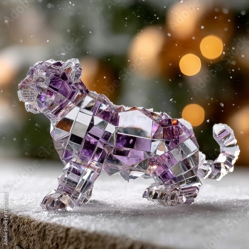Obraz na płótnie Crystal Tiger Figurine in Winter Scene: A Sparkling Symbol of Strength and Festivity, illuminated by soft bokeh lights. w salonie