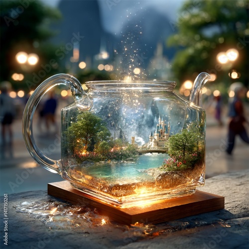 Enchanted Teapot Garden: A Magical Landscape Captured in Glass with Fairytale Castle, Sparkly Lights, and Reflections of Urban Life
