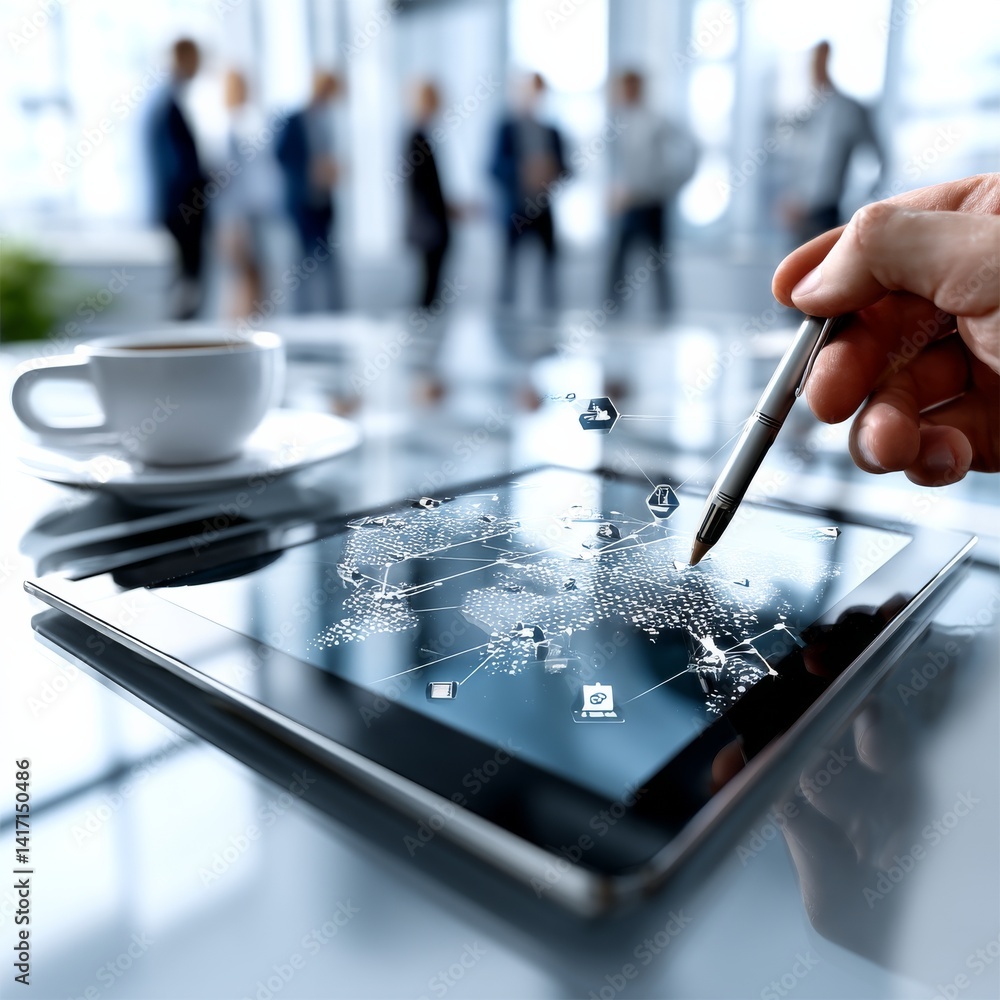 Global Business Strategy on Tablet with Team in Background, Cup of Coffee, and Pen for Touchscreen