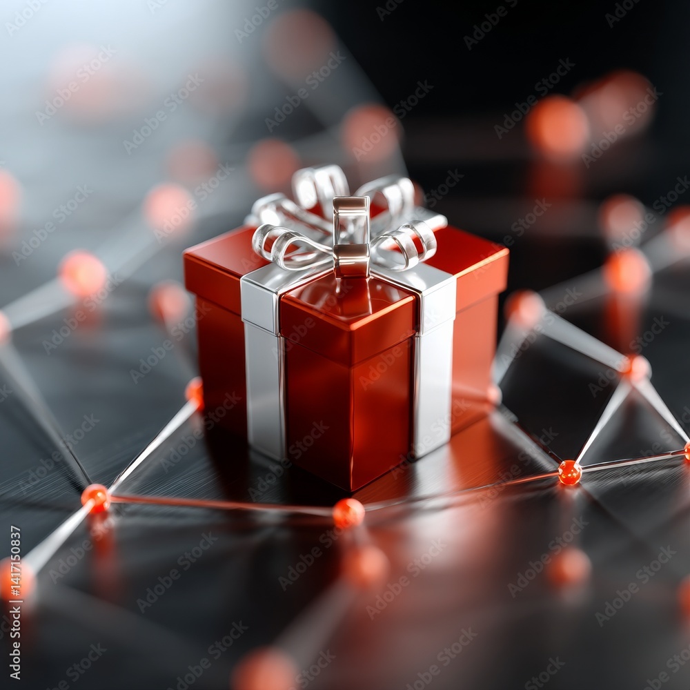 Red Gift Box with Silver Ribbon on Connected Nodes, Abstract Digital Gift Concept, Celebration, Innovation