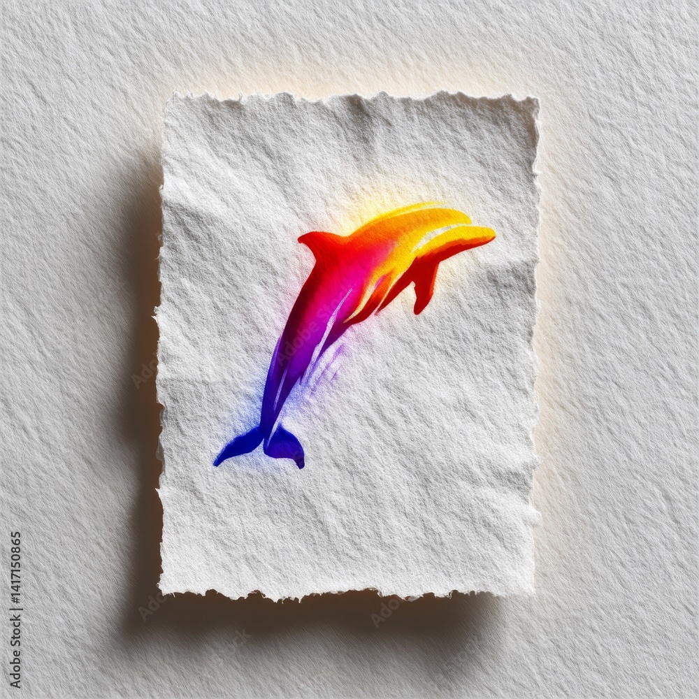 Rainbow Dolphin Illustration on Handmade Paper, Aquatic Mammal Art with Watercolor Effect
