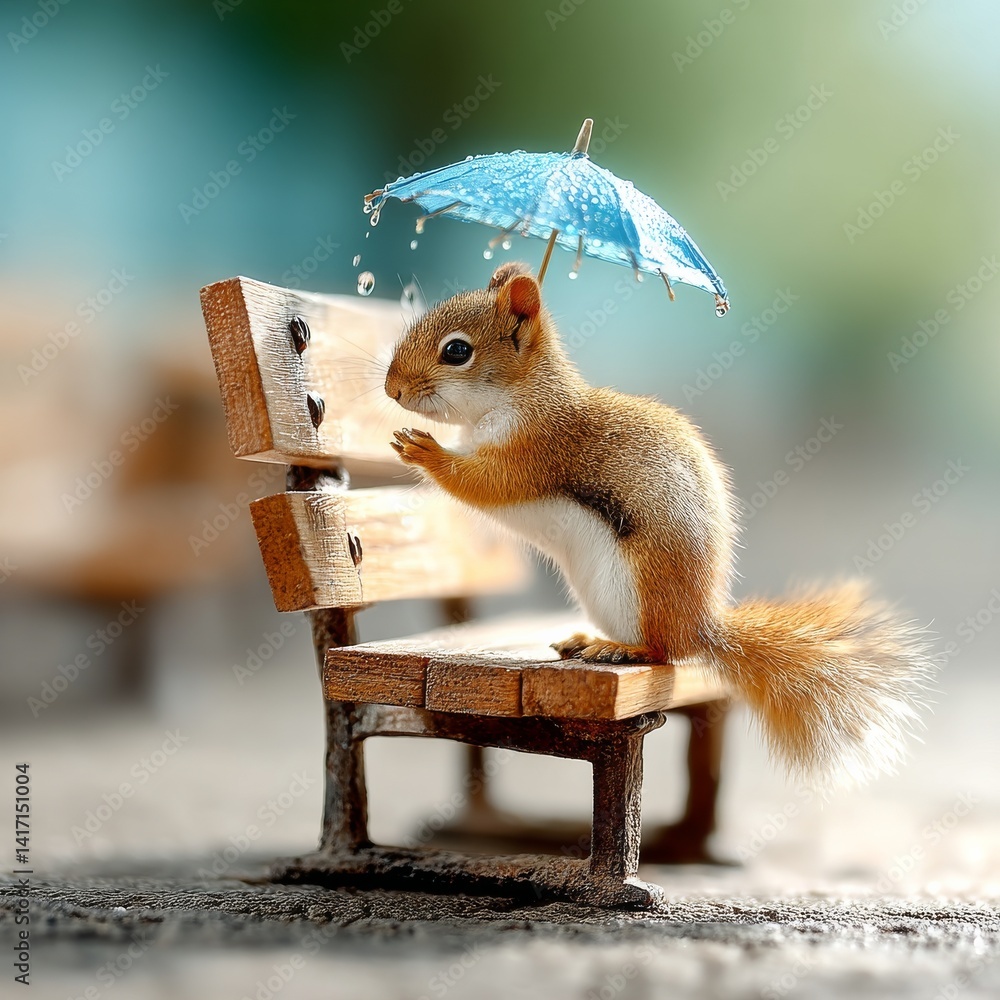 Squirrel Escapes the Rain: Adorable Squirrel Shelters from a Storm with Tiny Umbrella on a Miniature Bench