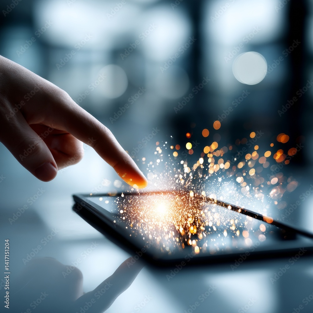 Touch of Brilliance: Hand Interacting with Tablet Displaying Sparkles and a Futuristic Interface