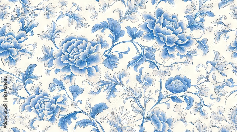 Fototapeta premium Luminous Chinoiserie: The Harmonious Symmetry of Layered Cerulean Peonies and Fluid Vines in Timeless Ivory and Cobalt Palette