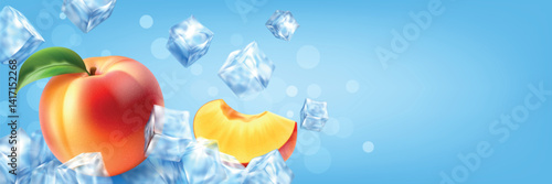 Realistic peach whole and slice with flying ice cubes on blue background. Fresh cold drinks advertising banner concept with text space