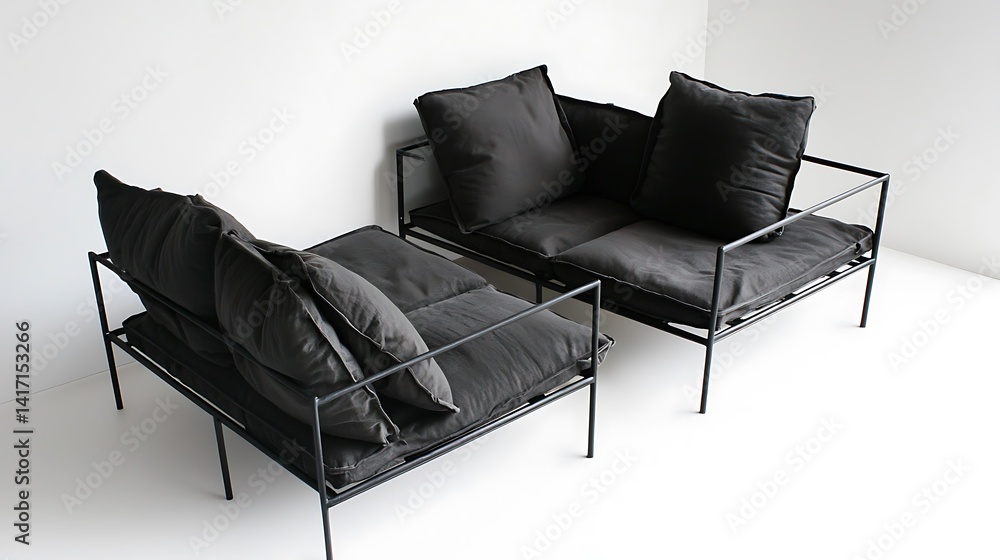 Two black chairs with black pillows and a white background Two black chairs with black pillows and a white background
