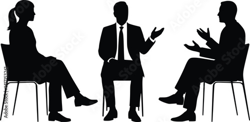 Silhouettes of three formally dressed individuals seated and engaged in discussion, with one gesturing expressively, emphasizing communication and professional interaction 