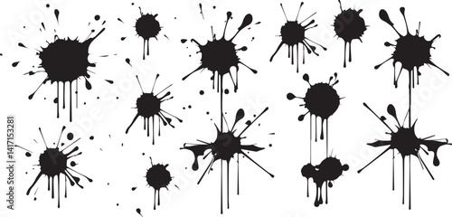Black ink splatters on a clean white background, perfect for grunge textures, art, or design projects.