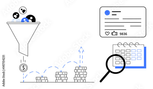 Marketing funnel converting user profiles to revenue, stacked coins representing growth, social media engagement card, and calendar with magnifying glass. Ideal for marketing, growth strategy