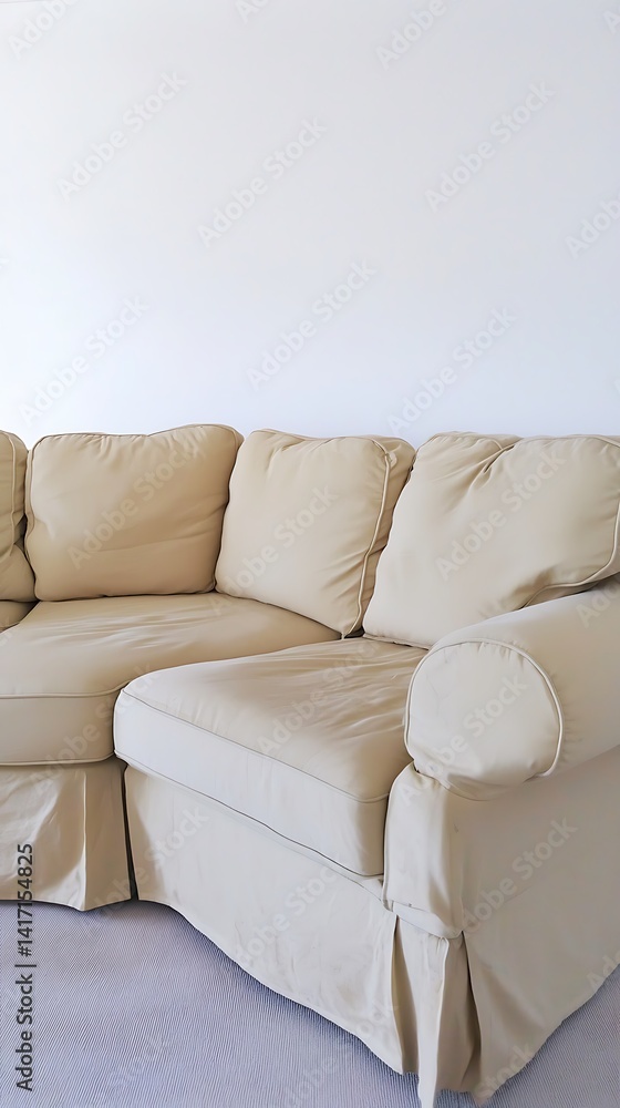 Tan couch with white pillows sits in front of a white wall Tan couch with white pillows sits in front of a white wall
